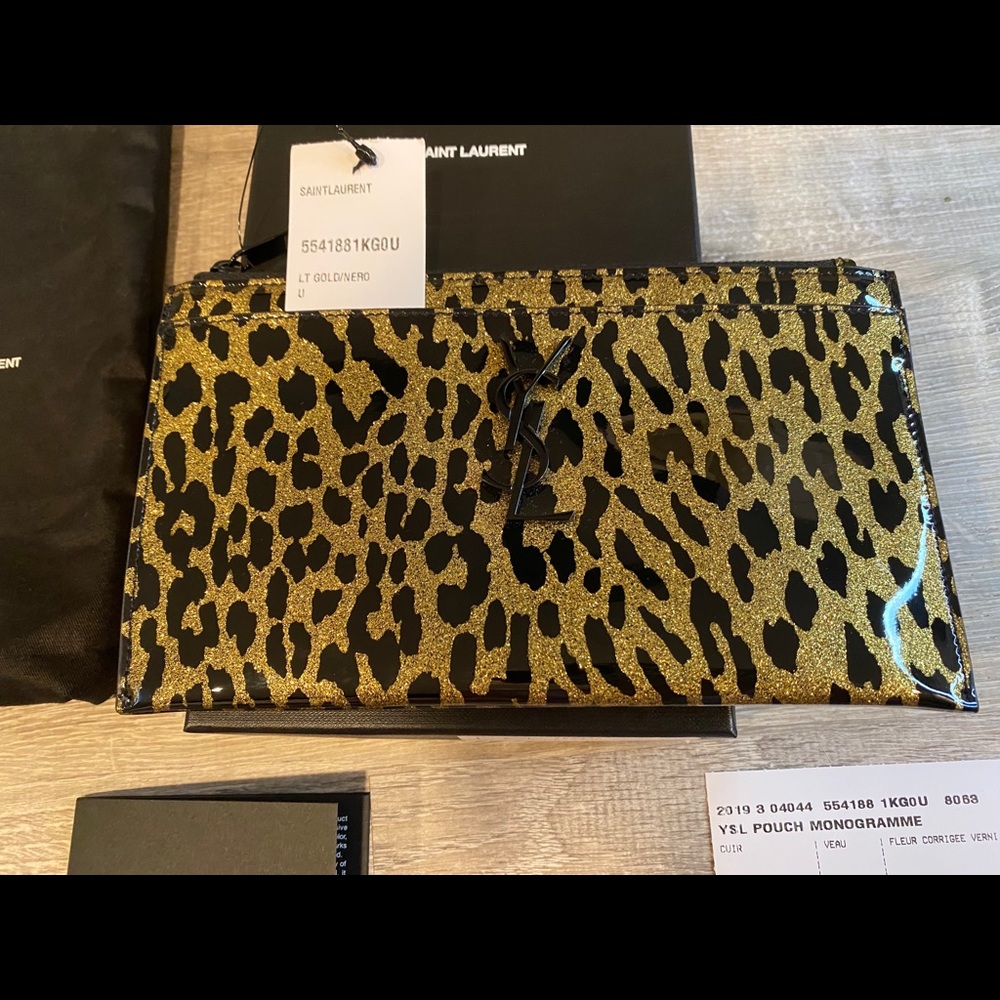 NWT Yves Saint Laurent leopard print zip up pouch